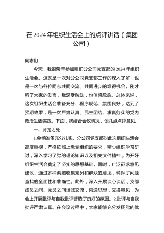 在2024年组织生活会上的点评讲话（集团公司）
