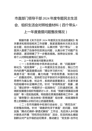 市直部门领导干部2024年度专题民主生活会、组织生活会对照检查材料（四个带头上一年度查摆问题整改情况）