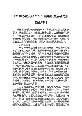 XX中心党支部2024年度组织生活会对照检查材料