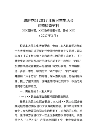 政府主要领导民主生活会对照检查材料（20180201）