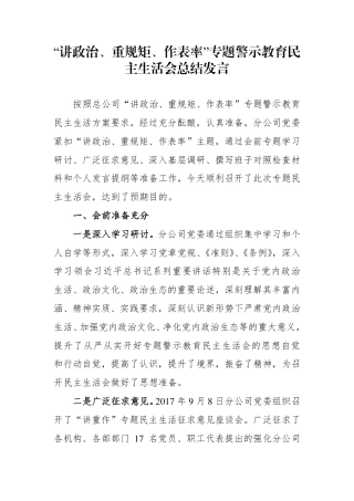 “讲政治、重规矩、作表率”专题警示教育民主生活会总结发言%281%29