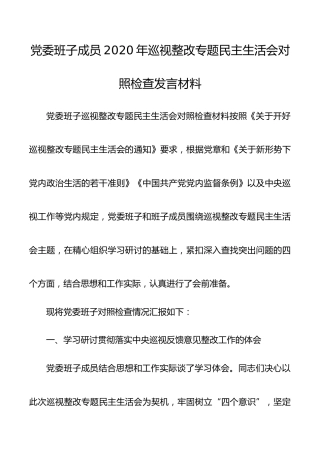 党委班子成员2020年巡视整改专题民主生活会对照检查发言材料