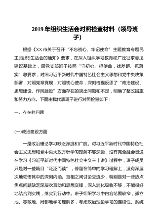 2019年组织生活会对照检查材料（领导班子）