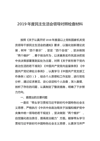 2019年度民主生活会领导对照检查材料