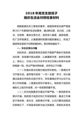 2018年局党支部班子组织生活会对照检查材料