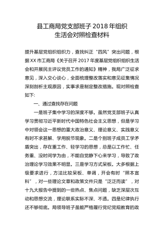 县工商局党支部班子2018年组织生活会对照检查材料