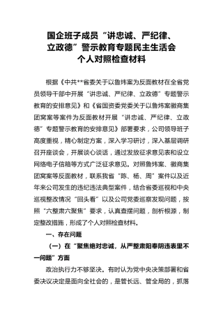 2018年国企班子成员“讲忠诚、严纪律、立政德”警示教育专题民主生活会个人对照检查材料