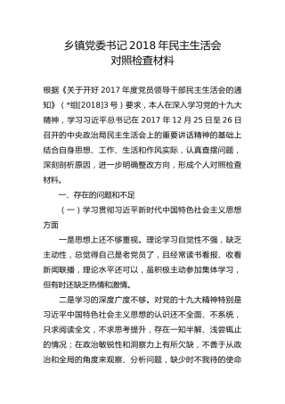 乡镇党委书记2018年民主生活会对照检查材料
