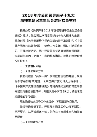2018年度公司领导班子十九大精神主题民主生活会对照检查材料