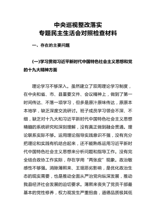 2018年中央巡视整改落实专题民主生活会对照检查材料