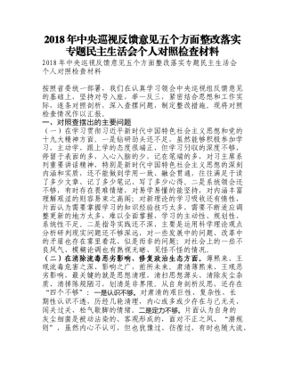 2018年中央巡视反馈意见五个方面整改落实专题民主生活会个人对照检查材料