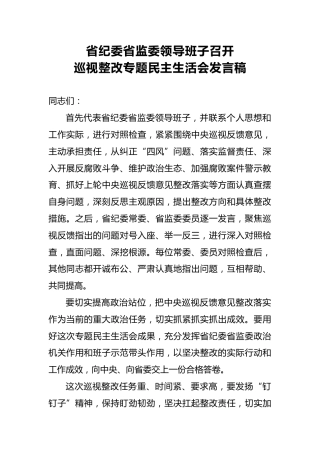 2018年省纪委省监委领导班子召开巡视整改专题民主生活会发言稿