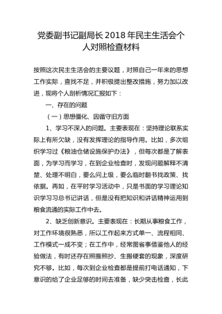 党委副书记副局长2018年民主生活会个人对照检查材料