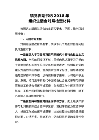 镇党委副书记2018年组织生活会对照检查材料