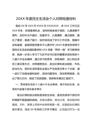 20XX年度民主生活会个人对照检查材料