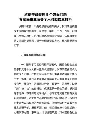 巡视整改聚焦9个方面问题专题民主生活会个人对照检查材料