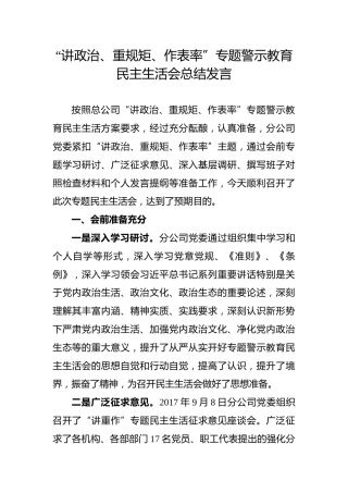 “讲政治、重规矩、作表率”专题警示教育民主生活会总结发言（1）