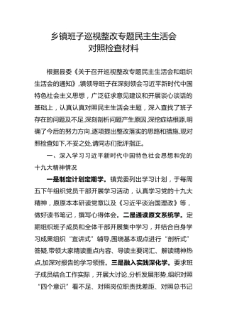 乡镇班子巡视整改专题民主生活会对照检查材料