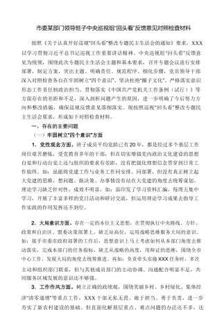 市委某部门领导班子中央巡视组“回头看”反馈意见对照检查材料