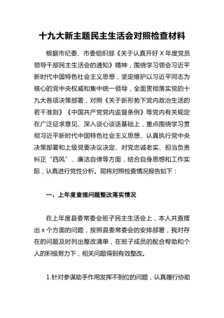 十九大新主题民主生活会对照检查材料
