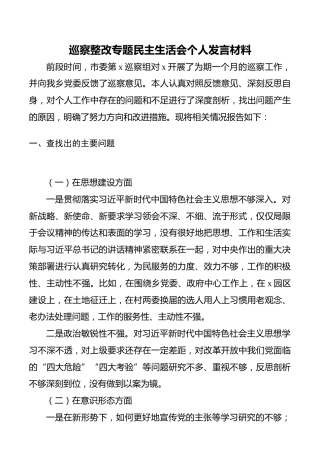 巡察整改专题民主生活会发言材料（巡察整改对照检查，个人对照检查材料，个人检视剖析）