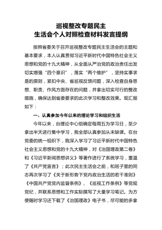 巡视整改专题民主生活会个人对照检查材料发言提纲