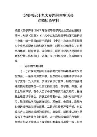 纪委书记十九大专题民主生活会对照检查材料