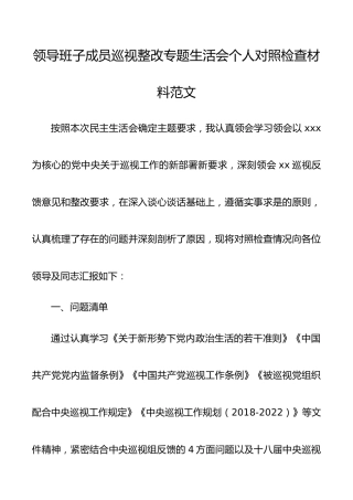分管领导班子成员巡视整改专题生活会个人对照检查材料范文