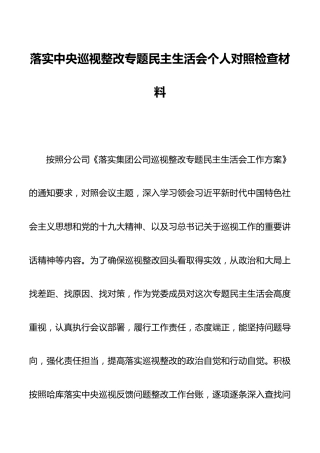 落实中央巡视整改专题民主生活会个人对照检查材料