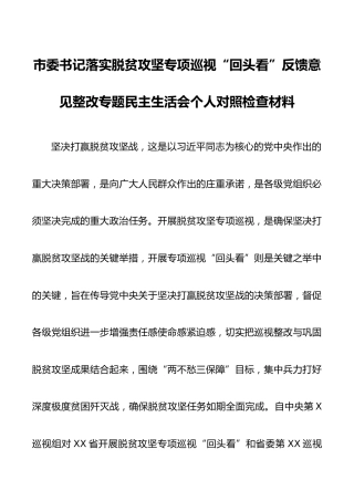市委书记中央脱贫攻坚专项巡视回头看反馈问题整改专题民主生活会对照检查材料