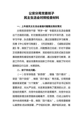 公安分局党委班子民主生活会对照检查材料