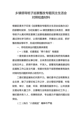 乡镇领导班子巡察整改专题民主生活会对照检查材料