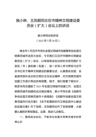 在市精神文明建设委员会（扩大）会议上的讲话2篇（20220520）