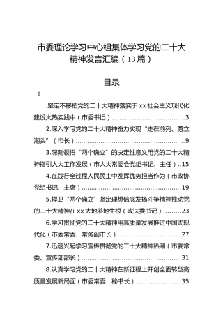市委理论学习中心组集体学习党的二十大精神发言汇编（13篇）（盛会）