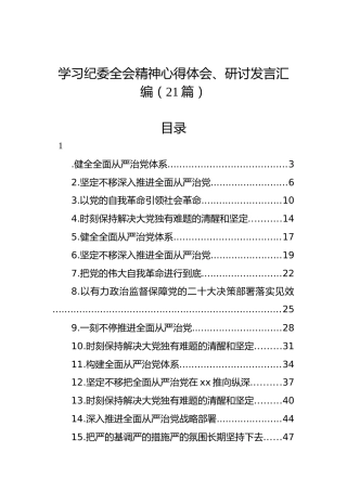 学习纪委全会精神心得体会、研讨发言汇编（21篇）