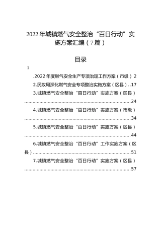 2022年城镇燃气安全整治“百日行动”实施方案汇编（7篇）