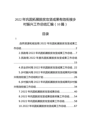 2022年巩固拓展脱贫攻坚成果有效衔接乡村振兴工作总结汇编（10篇）