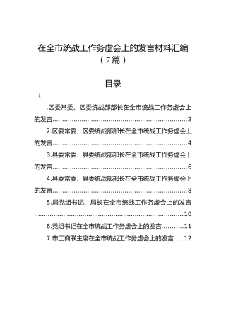 在全市统战工作务虚会上的发言材料汇编（7篇）