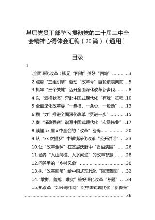 基层党员干部学习贯彻党的二十届三中全会精神心得体会汇编（20篇）（通用）