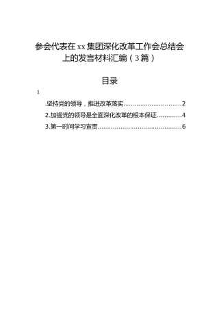 参会代表在xx集团深化改革工作会总结会上的发言材料汇编（3篇）