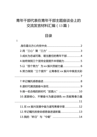 青年干部代表在青年干部主题座谈会上的交流发言材料汇编（13篇）