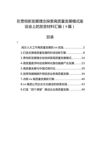 在贯彻新发展理念探索高质量发展模式座谈会上的发言材料汇编（9篇）