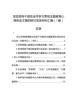 党员领导干部在全市学习贯彻主题教育心得体会文章的研讨发言材料汇编（7篇）