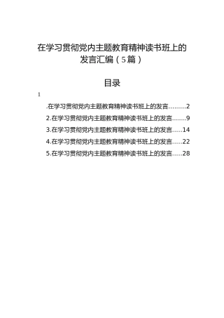 在学习贯彻党内主题教育精神读书班上的发言汇编（5篇）