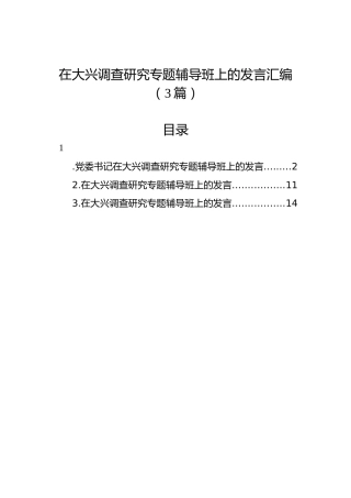 在大兴调查研究专题辅导班上的发言汇编（3篇）