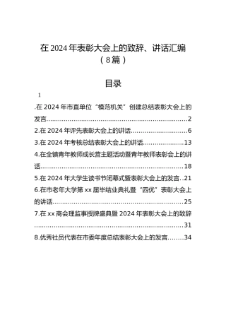 在2024年表彰大会上的致辞、讲话汇编（8篇）