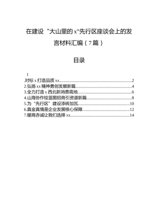 在建设“大山里的x”先行区座谈会上的发言材料汇编（7篇）