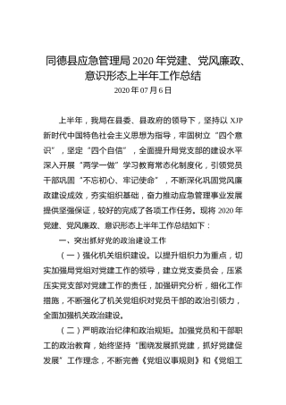 同德县应急管理局2020年党建、党风廉政、意识形态上半年工作总结