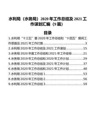 水利局（水务局）2020年工作总结及2021工作谋划汇编（9篇）