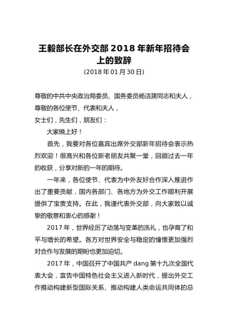 王毅部长：在外交部2018年新年招待会上的致辞